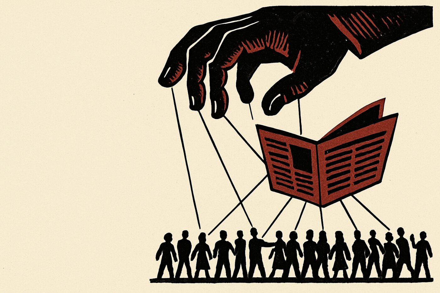 A giant hand holds marionette strings that run down to a newspaper, which in turn holds strings attached to a crowd of small readers.