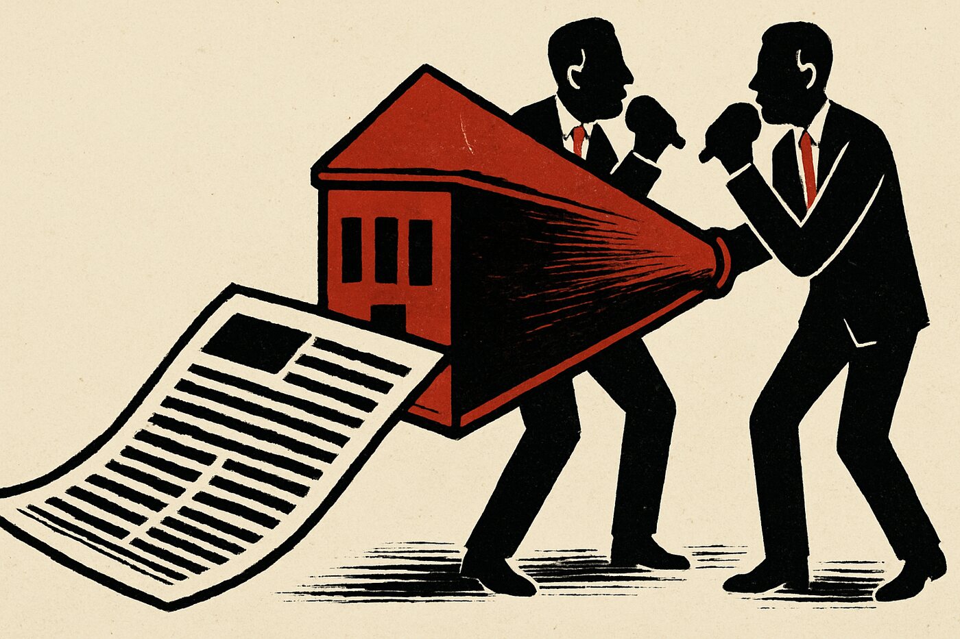 Two identical figures in suits speak into a building shaped like a megaphone; a newspaper page unrolls out of its wide end.