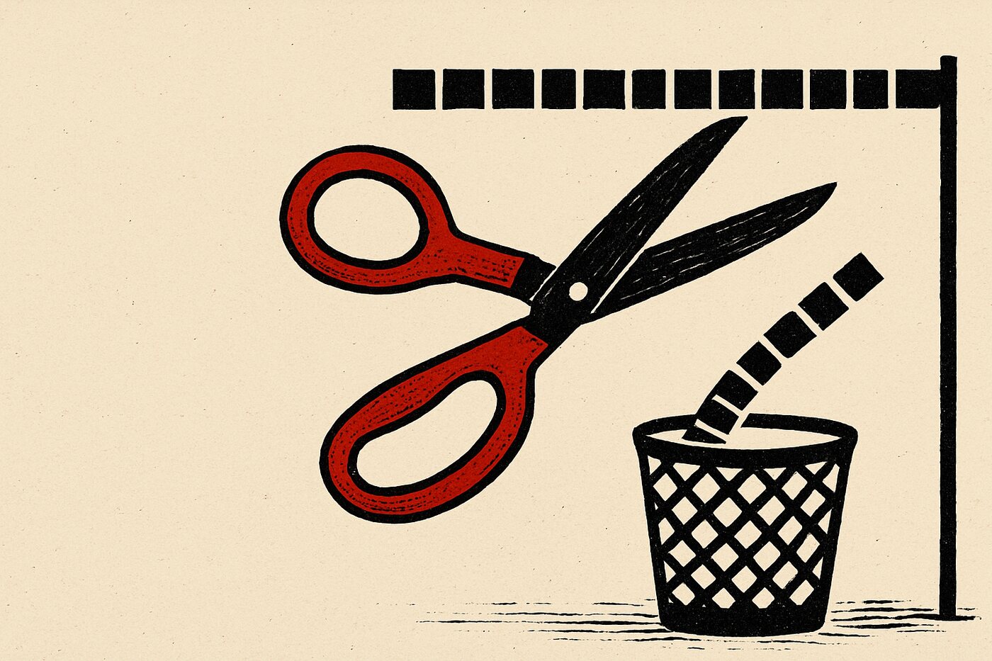 Red-handled scissors cut a printed sentence in half; the cut-off half falls into a wastebasket while the rest hangs from a pole like a banner.