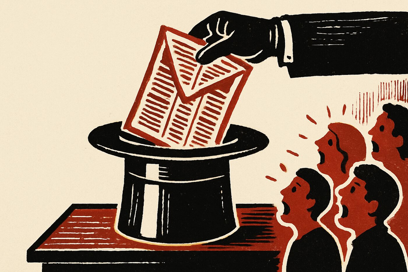 A gloved hand pulls a folded newspaper out of an upturned top hat while a small crowd watches open-mouthed.